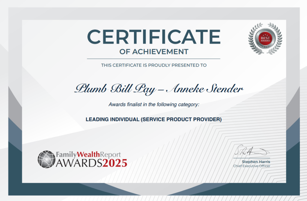 Family Wealth Report Awards 2025 Anneke Stender Leading Individual Service Provider Finalist Certificate