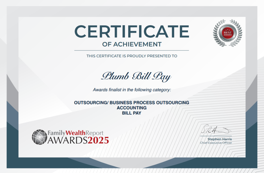 Family Wealth Report 2025 Finalist Certificate Plumb Bill Pay
