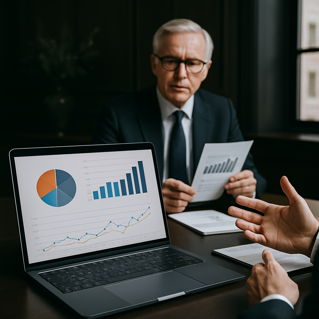 Executive reviewing Plumb financial reports on a laptop, featuring clear data charts and graphs, during a leadership meeting in a sophisticated office setting.